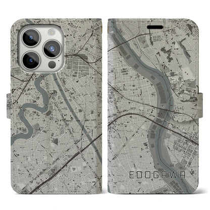 【江戸川（東京都）】地図柄iPhoneケース（手帳タイプ）モノトーン・iPhone 15 Pro 用