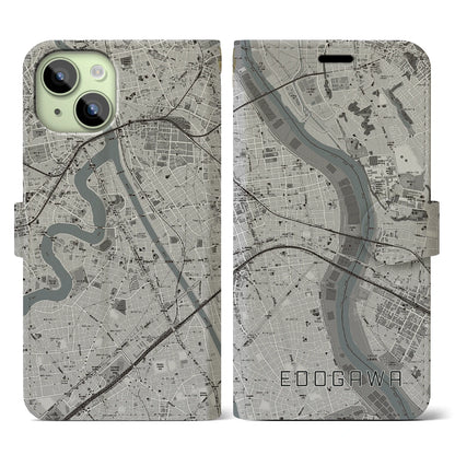 【江戸川（東京都）】地図柄iPhoneケース（手帳タイプ）モノトーン・iPhone 15 用