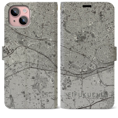 【永福町（東京都）】地図柄iPhoneケース（手帳タイプ）モノトーン・iPhone 15 Plus 用