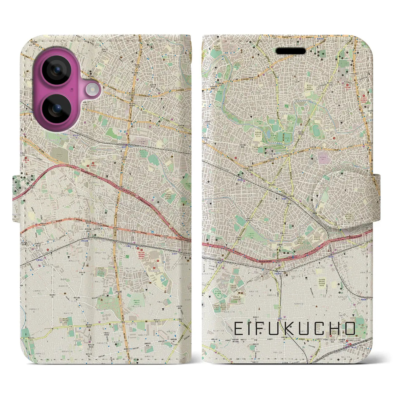 【永福町（東京都）】地図柄iPhoneケース（手帳タイプ）ナチュラル・iPhone 16 Pro 用