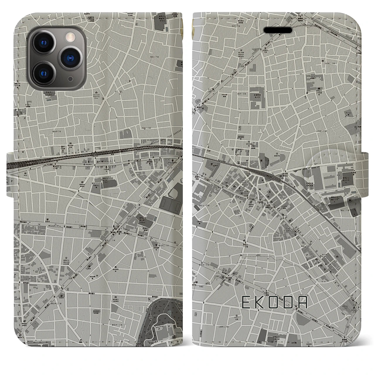 【江古田】地図柄iPhoneケース（手帳両面タイプ・モノトーン）iPhone 11 Pro Max 用