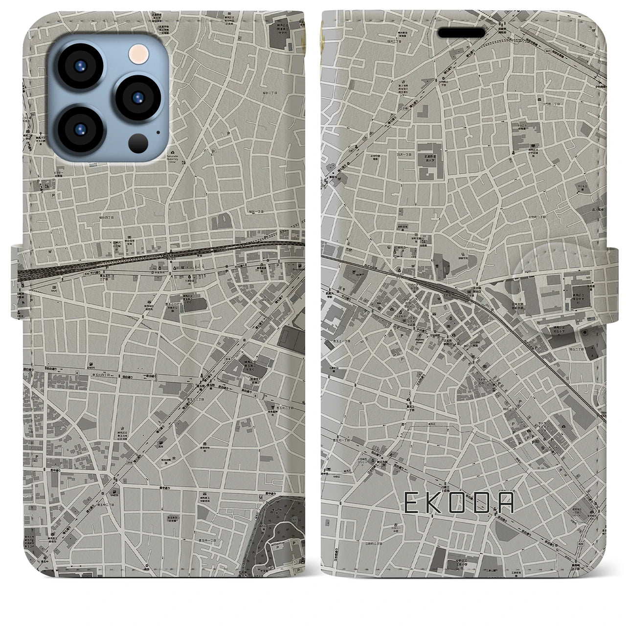 【江古田】地図柄iPhoneケース（手帳両面タイプ・モノトーン）iPhone 13 Pro Max 用