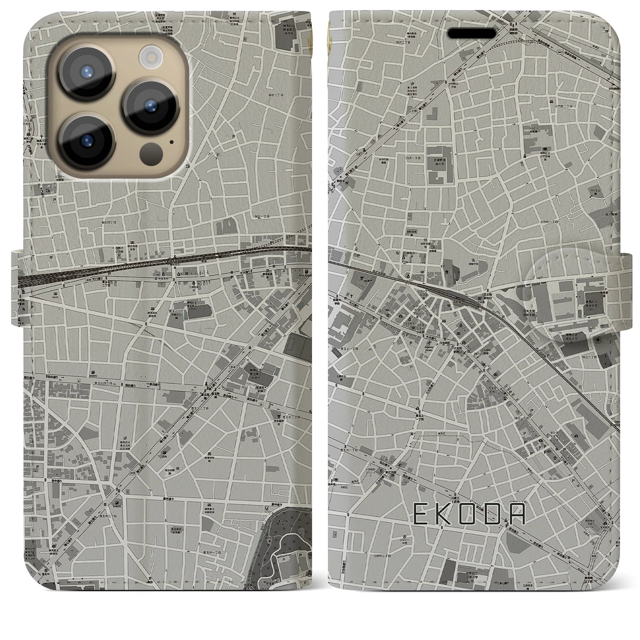 【江古田】地図柄iPhoneケース（手帳両面タイプ・モノトーン）iPhone 14 Pro Max 用