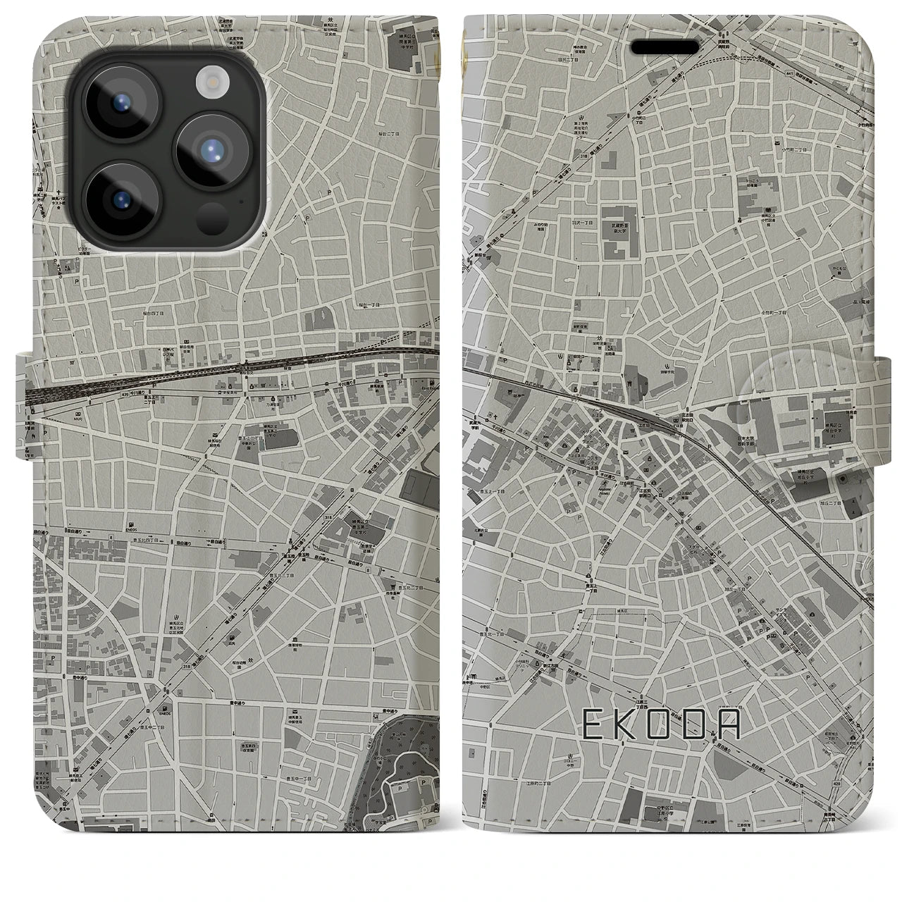 【江古田】地図柄iPhoneケース（手帳両面タイプ・モノトーン）iPhone 15 Pro Max 用