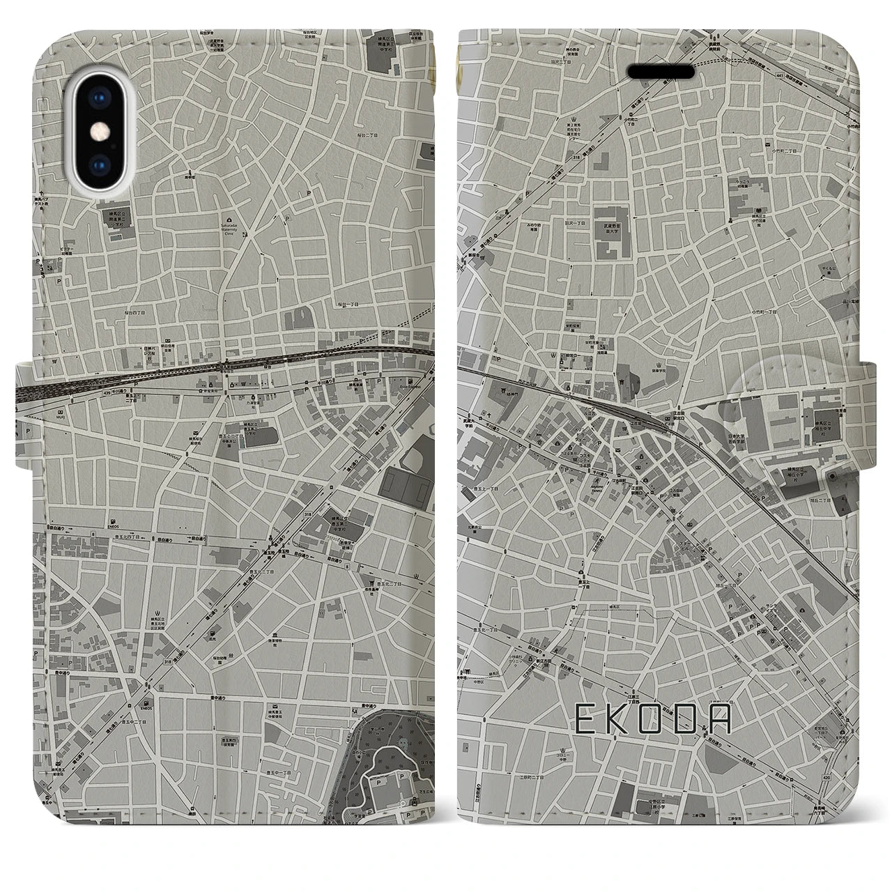 【江古田】地図柄iPhoneケース（手帳両面タイプ・モノトーン）iPhone XS Max 用