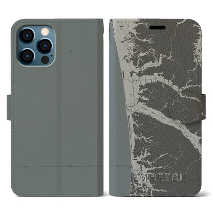 【遠別（北海道）】地図柄iPhoneケース（手帳タイプ）モノトーン・iPhone 12 / 12 Pro 用