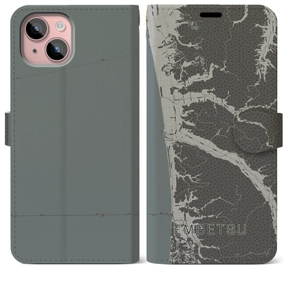 【遠別（北海道）】地図柄iPhoneケース（手帳タイプ）モノトーン・iPhone 15 Plus 用