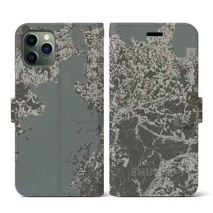 【江迎（長崎県）】地図柄iPhoneケース（手帳タイプ）モノトーン・iPhone 11 Pro 用