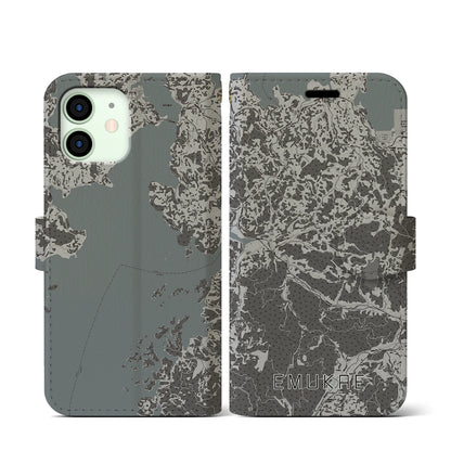 【江迎（長崎県）】地図柄iPhoneケース（手帳タイプ）モノトーン・iPhone 12 mini 用