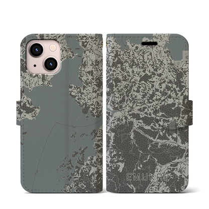 【江迎（長崎県）】地図柄iPhoneケース（手帳タイプ）モノトーン・iPhone 13 mini 用