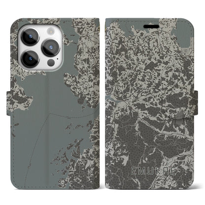 【江迎（長崎県）】地図柄iPhoneケース（手帳タイプ）モノトーン・iPhone 14 Pro 用