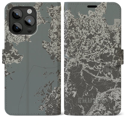 【江迎（長崎県）】地図柄iPhoneケース（手帳タイプ）モノトーン・iPhone 15 Pro Max 用