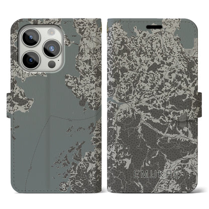 【江迎（長崎県）】地図柄iPhoneケース（手帳タイプ）モノトーン・iPhone 15 Pro 用