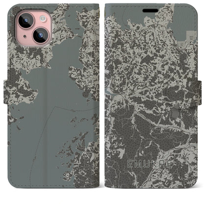 【江迎（長崎県）】地図柄iPhoneケース（手帳タイプ）モノトーン・iPhone 15 Plus 用