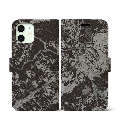 【恵那（岐阜県）】地図柄iPhoneケース（手帳タイプ）モノトーン・iPhone 12 mini 用