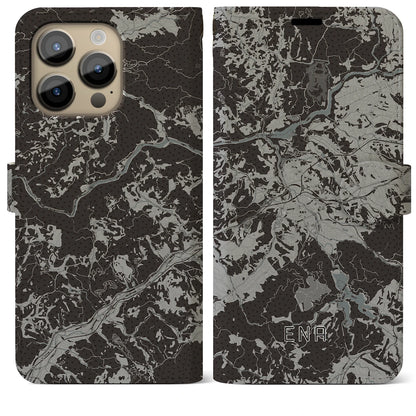 【恵那（岐阜県）】地図柄iPhoneケース（手帳タイプ）モノトーン・iPhone 14 Pro Max 用