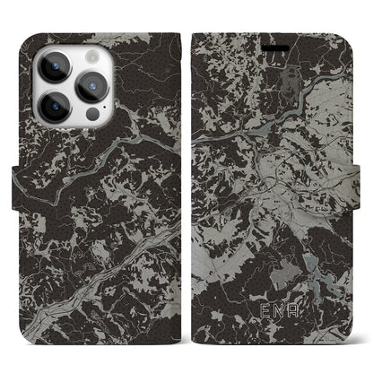 【恵那（岐阜県）】地図柄iPhoneケース（手帳タイプ）モノトーン・iPhone 14 Pro 用
