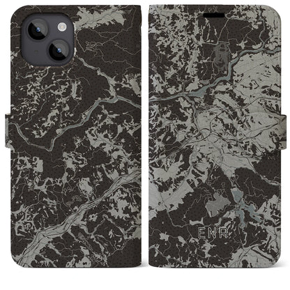 【恵那（岐阜県）】地図柄iPhoneケース（手帳タイプ）モノトーン・iPhone 14 Plus 用