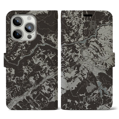 【恵那（岐阜県）】地図柄iPhoneケース（手帳タイプ）モノトーン・iPhone 15 Pro 用