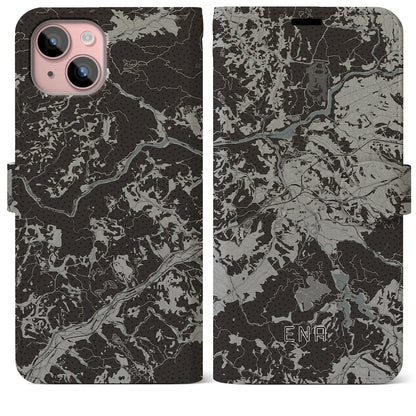 【恵那（岐阜県）】地図柄iPhoneケース（手帳タイプ）モノトーン・iPhone 15 Plus 用