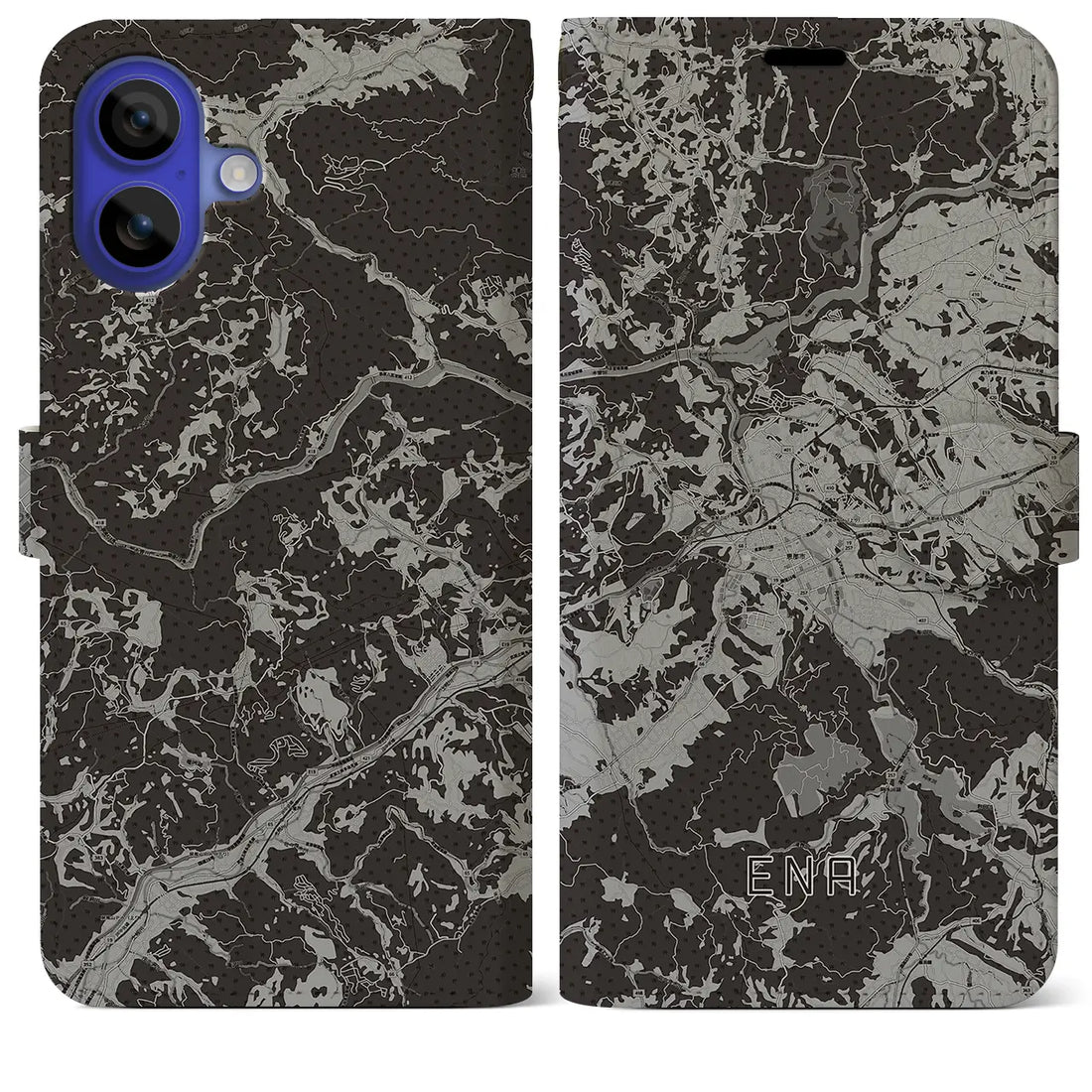 【恵那(岐阜県)】地図柄iPhoneケース(手帳タイプ)モノトーン・iPhone 16 Pro Max 用