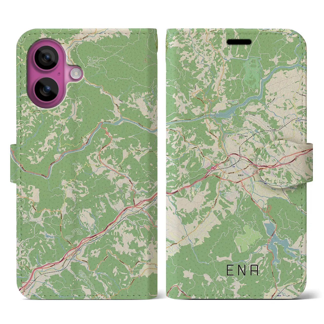 【恵那（岐阜県）】地図柄iPhoneケース（手帳タイプ）ナチュラル・iPhone 16 Pro 用