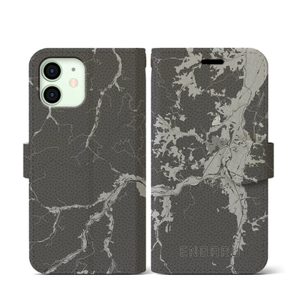 【遠軽（北海道）】地図柄iPhoneケース（手帳タイプ）モノトーン・iPhone 12 mini 用