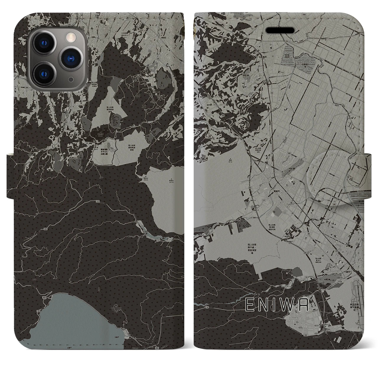 【恵庭】地図柄iPhoneケース（手帳両面タイプ・モノトーン）iPhone 11 Pro Max 用