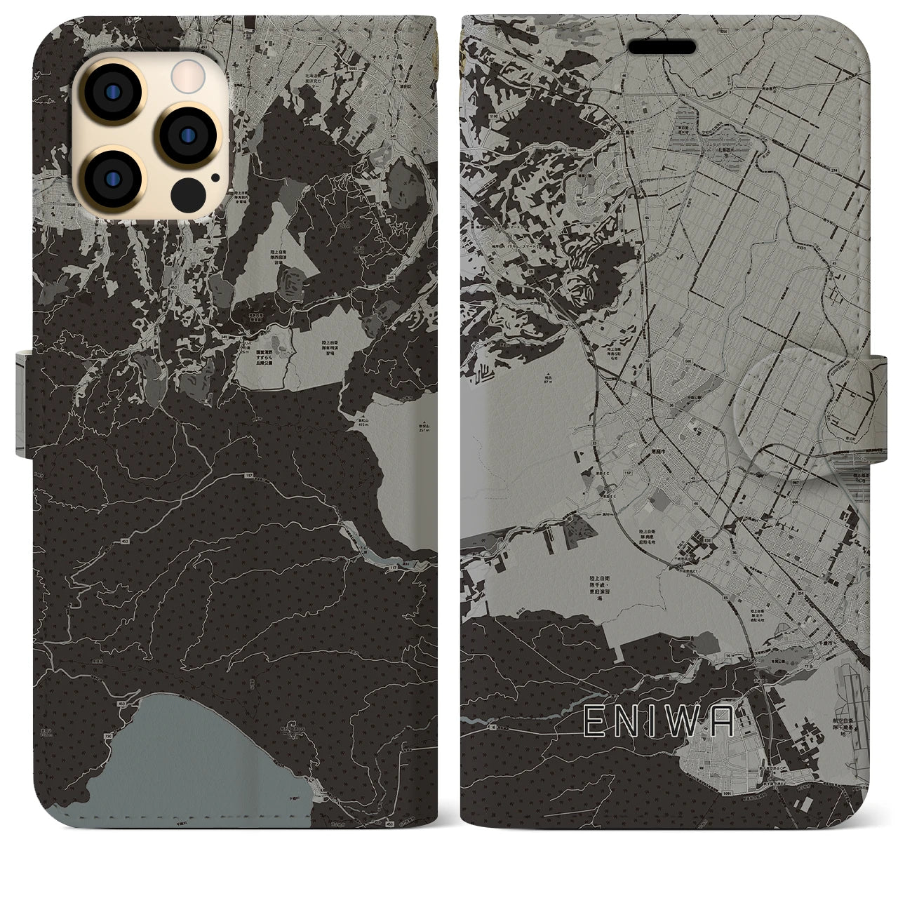 【恵庭】地図柄iPhoneケース（手帳両面タイプ・モノトーン）iPhone 12 Pro Max 用