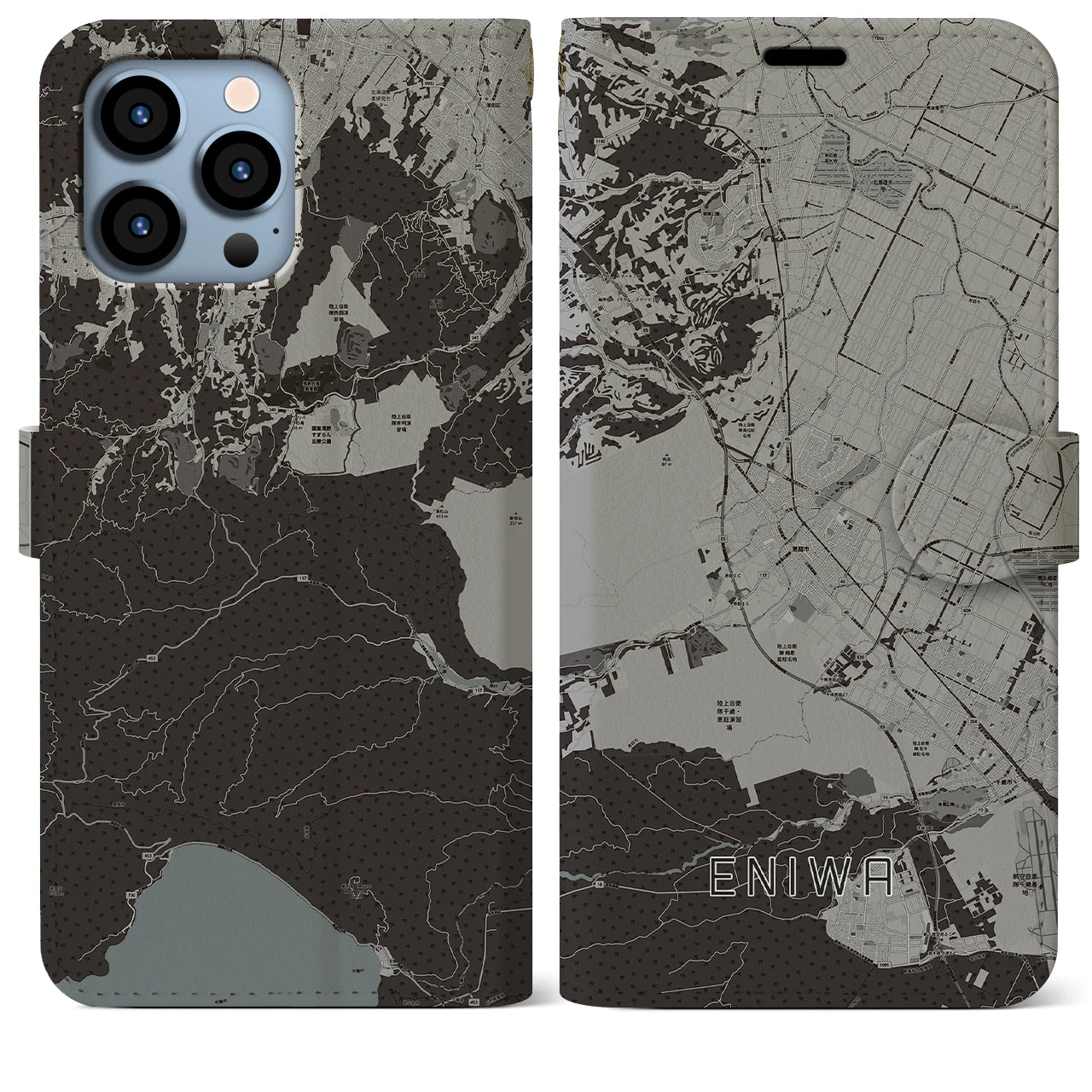 【恵庭】地図柄iPhoneケース（手帳両面タイプ・モノトーン）iPhone 13 Pro Max 用