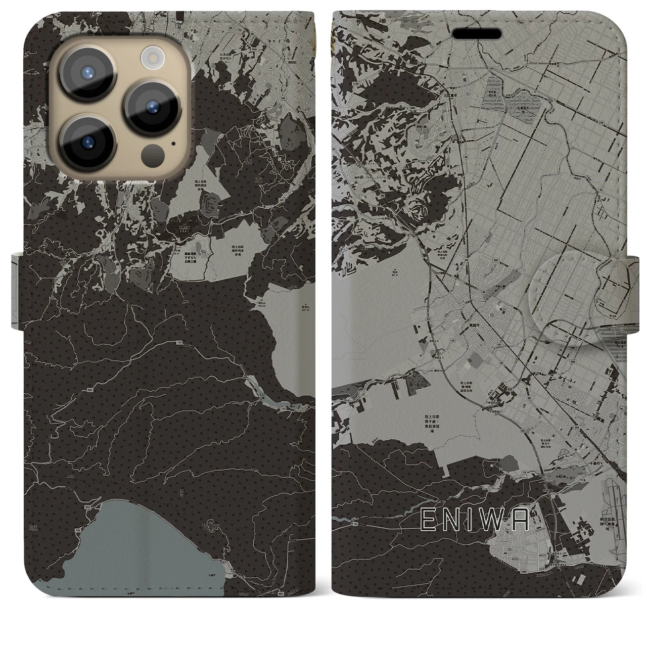 【恵庭】地図柄iPhoneケース（手帳両面タイプ・モノトーン）iPhone 14 Pro Max 用