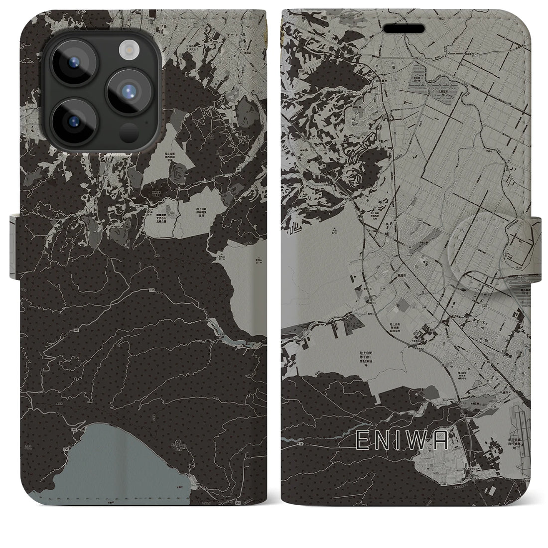 【恵庭】地図柄iPhoneケース（手帳両面タイプ・モノトーン）iPhone 15 Pro Max 用
