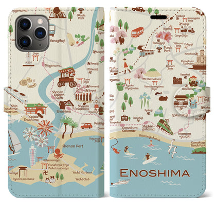 【江ノ島（イラスト）】イラストマップiPhoneケース（手帳タイプ）ブライト・iPhone 11 Pro Max 用