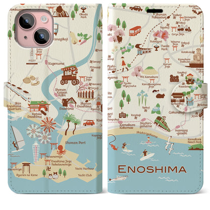 【江ノ島（イラスト）】イラストマップiPhoneケース（手帳タイプ）ブライト・iPhone 15 Plus 用