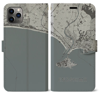 【江ノ島（神奈川県）】地図柄iPhoneケース（手帳タイプ）モノトーン・iPhone 11 Pro Max 用