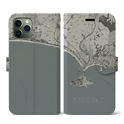 【江ノ島（神奈川県）】地図柄iPhoneケース（手帳タイプ）モノトーン・iPhone 11 Pro 用