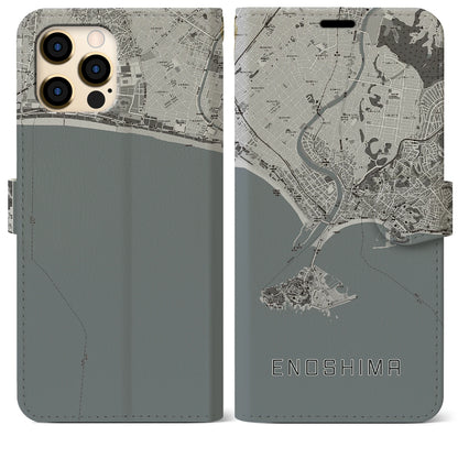 【江ノ島（神奈川県）】地図柄iPhoneケース（手帳タイプ）モノトーン・iPhone 12 Pro Max 用