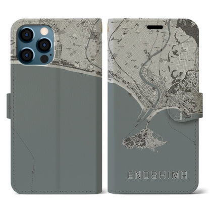 【江ノ島（神奈川県）】地図柄iPhoneケース（手帳タイプ）モノトーン・iPhone 12 / 12 Pro 用
