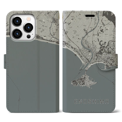 【江ノ島（神奈川県）】地図柄iPhoneケース（手帳タイプ）モノトーン・iPhone 13 Pro 用