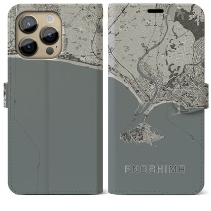 【江ノ島（神奈川県）】地図柄iPhoneケース（手帳タイプ）モノトーン・iPhone 14 Pro Max 用