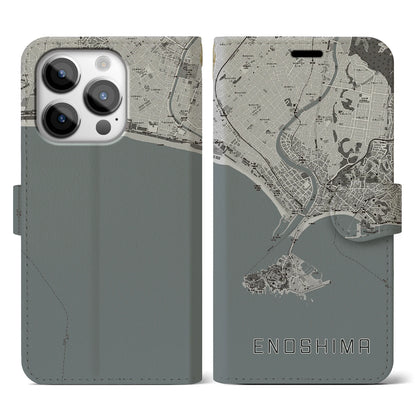 【江ノ島（神奈川県）】地図柄iPhoneケース（手帳タイプ）モノトーン・iPhone 14 Pro 用