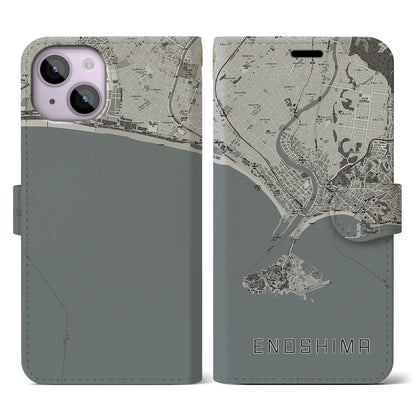 【江ノ島（神奈川県）】地図柄iPhoneケース（手帳タイプ）モノトーン・iPhone 14 用