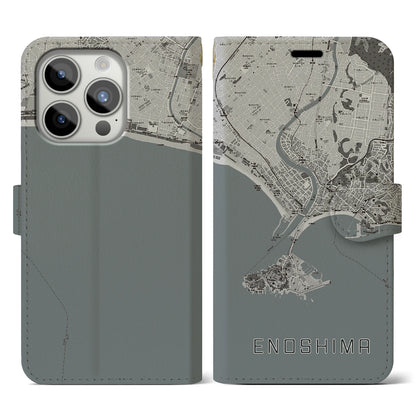 【江ノ島（神奈川県）】地図柄iPhoneケース（手帳タイプ）モノトーン・iPhone 15 Pro 用