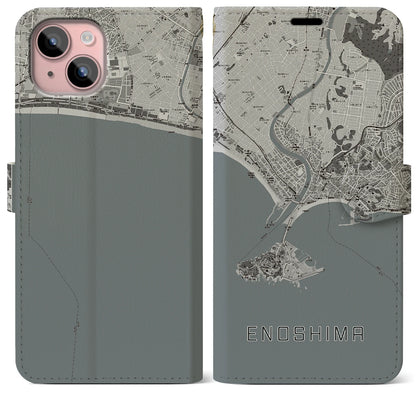 【江ノ島（神奈川県）】地図柄iPhoneケース（手帳タイプ）モノトーン・iPhone 15 Plus 用