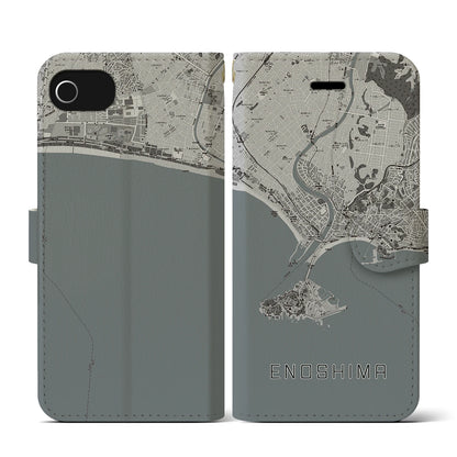 【江ノ島（神奈川県）】地図柄iPhoneケース（手帳タイプ）モノトーン・iPhone SE（第3 / 第2世代） / 8 / 7 / 6s / 6 用