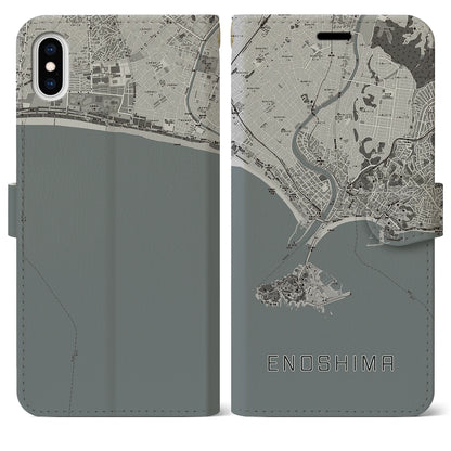 【江ノ島（神奈川県）】地図柄iPhoneケース（手帳タイプ）モノトーン・iPhone XS Max 用