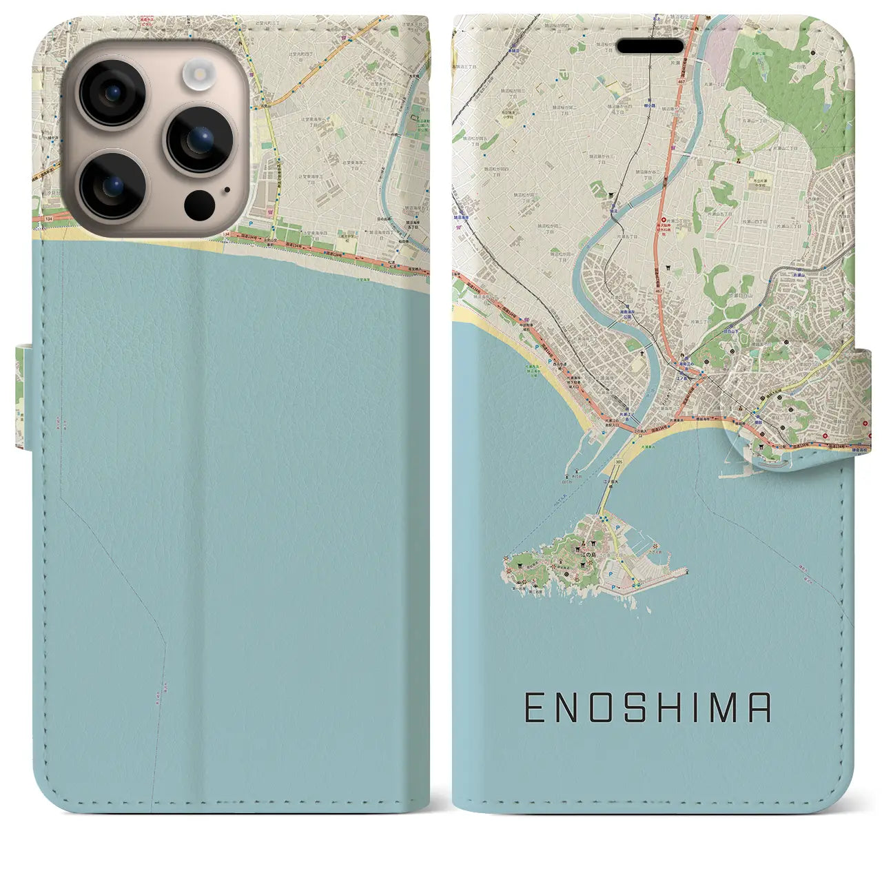 【江ノ島（神奈川県）】地図柄iPhoneケース（手帳タイプ）ナチュラル・iPhone 16 Plus 用