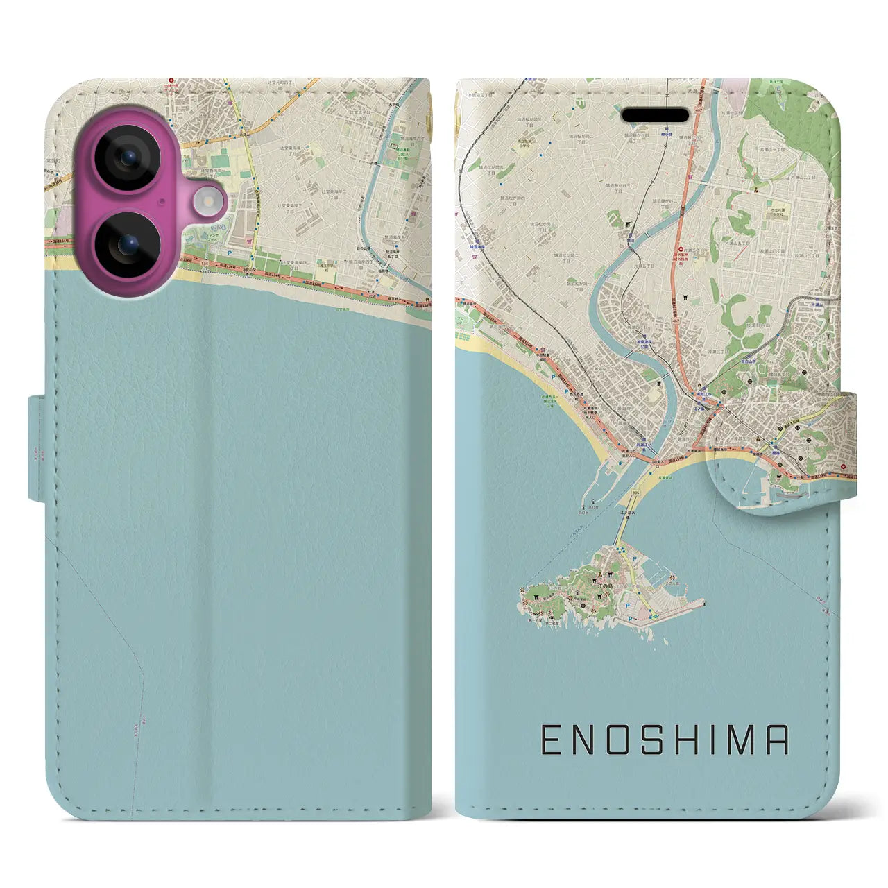 【江ノ島（神奈川県）】地図柄iPhoneケース（手帳タイプ）ナチュラル・iPhone 16 Pro 用