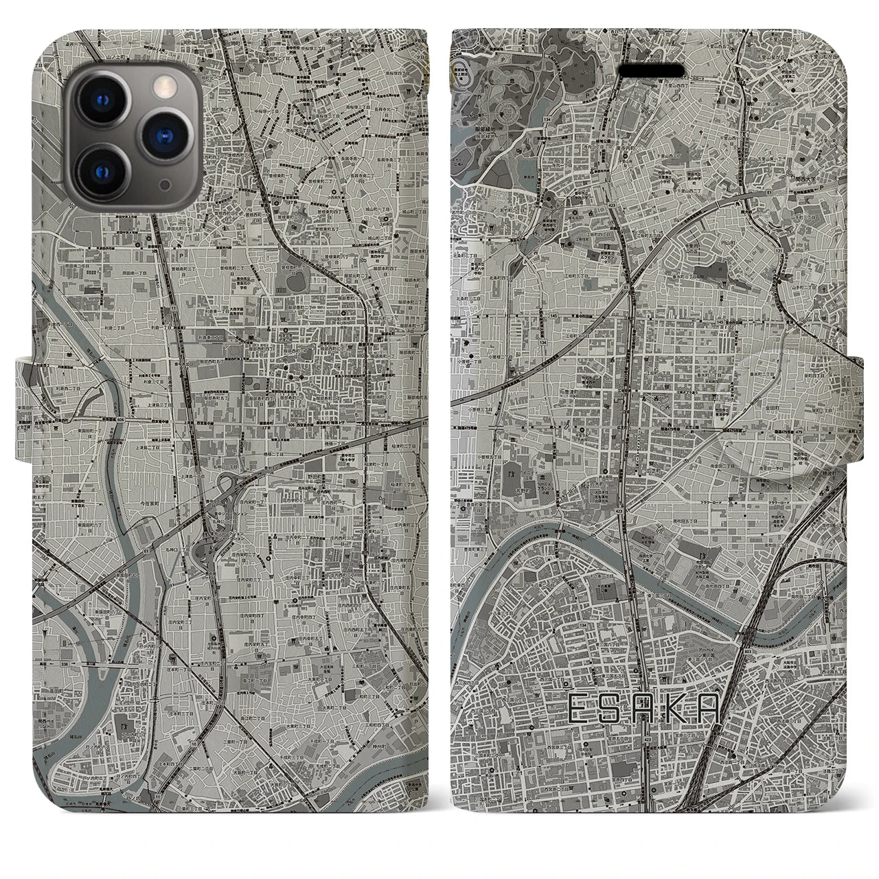 【江坂】地図柄iPhoneケース（手帳両面タイプ・モノトーン）iPhone 11 Pro Max 用