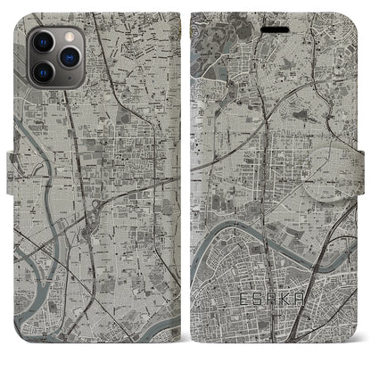 【江坂（大阪府）】地図柄iPhoneケース（手帳タイプ）モノトーン・iPhone 11 Pro Max 用